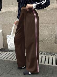 SHEIN EZwear Calça Casual com Listras Laterais Marrons Plus Size para Mulheres, Moda Minimalista, Uso Diário, Adequada para Formatura, Volta às Aulas, Traje de Professor - Castanho - Visão 8