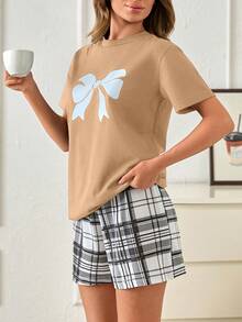 SHEIN Cottnline Bow Print Detailed 2 Pieces Round Neck Short Sleeve With Shorts Casual Relaxed Black And White Color Pajama Set - Beige - View 4