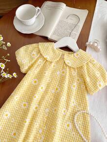 女婴可爱黄色彼得潘领蝴蝶结短袖连衣裙，夏季 - 黃色 - 查看 6