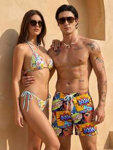Solantero Men's Pop Art Print Swim Trunks, Quick Dry Polyester, Mid-Length Unlined Swim Shorts, Drawstring Waist, Slant Pockets, Summer Beach Vacation Men Beachwear Graphic Swim Trunks Mens Swim Trunks Funny Mens Statement Print Shorts Mens Patterned Shorts - Multicolor - View 1