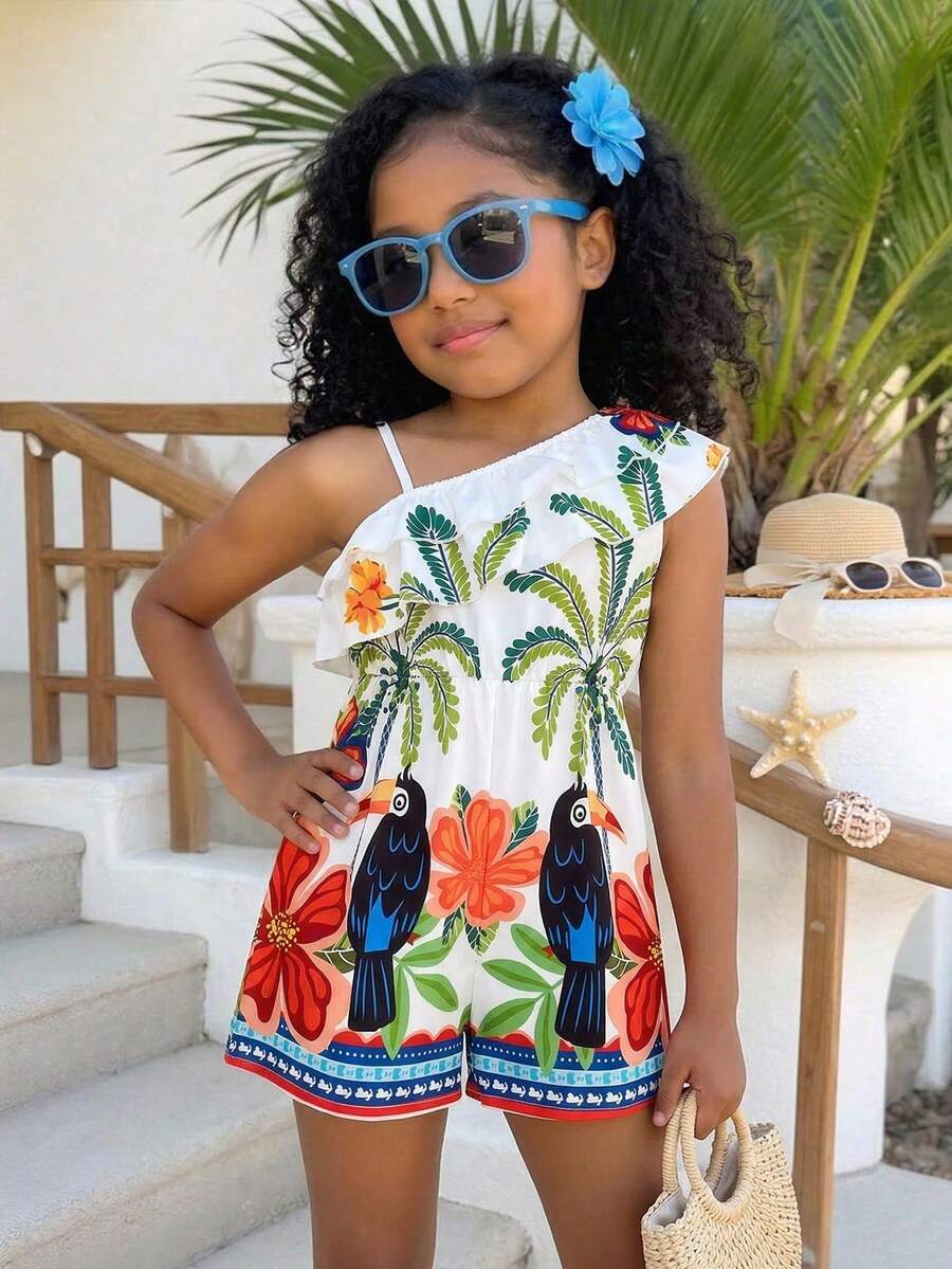 Tween Girl Floral & Bird Print Ruffle Off-Shoulder Casual Everyday Vacation Romper - Multicolor - View 1