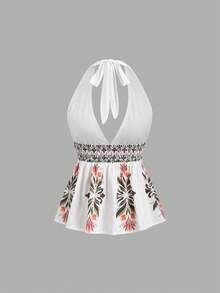 Sweetra Áo kiểu nữ cổ chữ V, dây mảnh, không tay, viền bèo nhún, in hoa, kiểu dáng đi nghỉ mát, mùa xuân/hè. - trắng - Xem 2