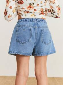 SHEIN 年輕女孩可愛的水洗柔軟牛仔裙褲,舒適休閒 - 淺色水洗藍 - 查看 2