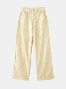 lacRébo Calça de algodão bege com estampa floral, cintura alta e detalhe contrastante em amarelo. Ideal para primavera/verão, carnaval e festivais de música. Estilo francês/parisiense. - Luz amarela - Ver 6