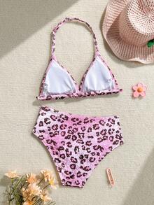 SHEIN Tween Girls Leopard Velvet Knit Bikini Sets: Halter Design, Sweet Embellishment, Unlocking Summer Beach Fashion - Multicolor - View 2