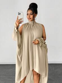 Maweii Vestido de manga larga con dobladillo asimétrico de unicolor talla grande - Albaricoque - Ver 4