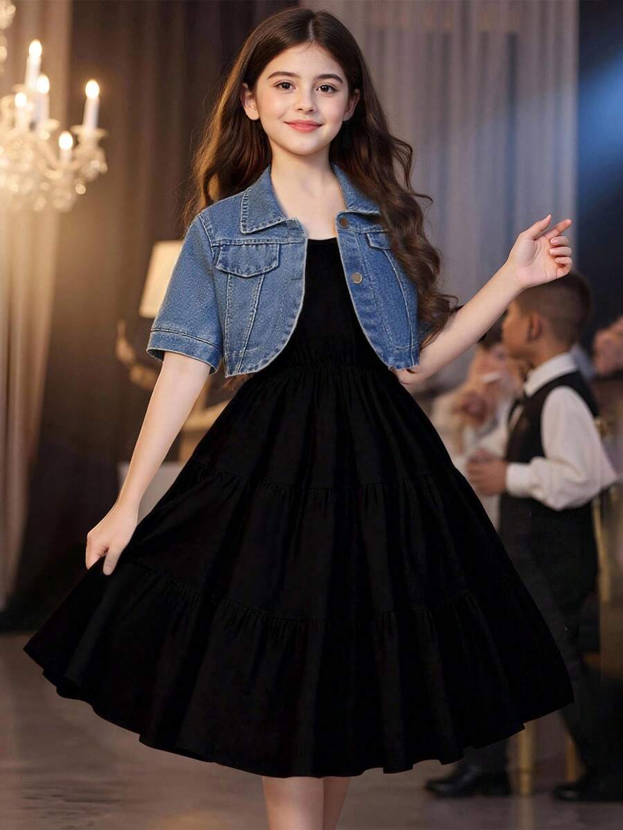SHEIN 2 Stücke/Set Lässige Denim Jacke und weißes Kleid - Schwarz - Übersicht 1