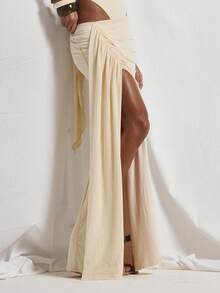 MUSERA 低腰不对称垂褶褶皱细节开衩长裙套装（单裙）可爱假日性感夜生活度假春夏优雅阳光垂褶 - 杏色 - 查看 3