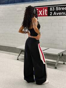 StreetHx 女士宽松阔腿休闲牛仔裤，饰有美国国旗图案 - 黑色 - 查看 2