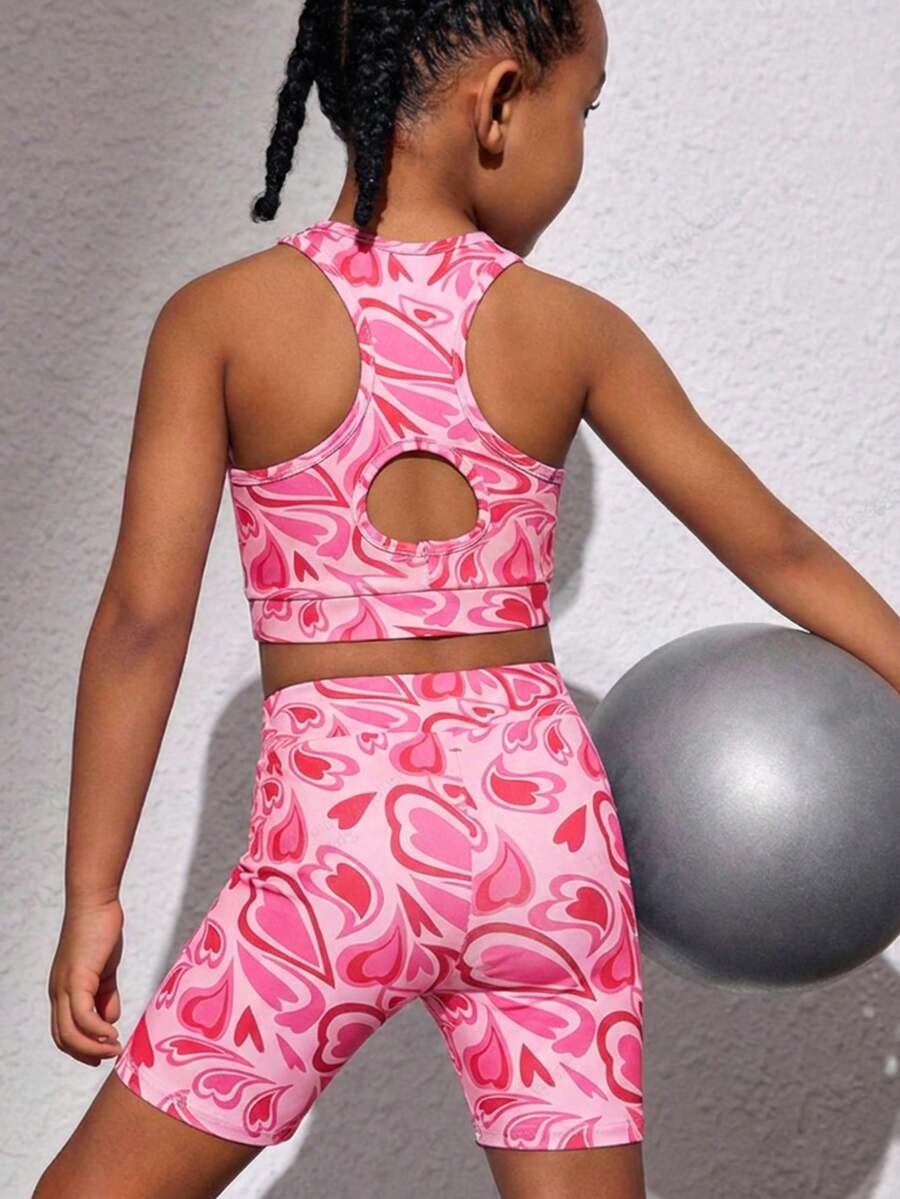 SHEIN 2件套 女童碎花针织圆领休闲背心和短裤运动服套装 - 粉色 - 查看 1