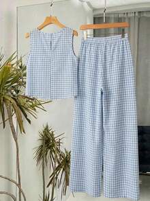 Rusticease Women's Plaid Round Neck Top And Drawstring Waist Wide Leg Pants Casual 2 Pieces Set Women Vacation Outfit Sets Women Summer Outfits 2 Piece Women S Summer Co Ord Women 2 Piece Outfit Casual - Blue and White - View 2