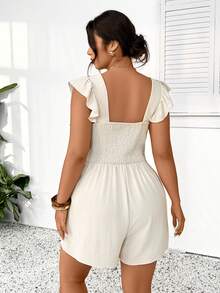 SHEIN Frenchy Bộ áo liền quần cỡ lớn, tay ngắn, cổ vuông, phối màu, eo thắt. - Màu be - Xem 2