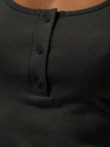 MUSERA ESSENTIALS Scoop Neck Fitted Button Detail Cotton Cami Top Coord Top Only  Winter Cosy Lounge Cute Everyday Lounge Essential Valentines Day Spring Summer Vacation Holiday - Black - View 6