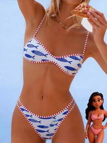 Swim Mod Bộ 2 món gồm áo bikini hai mặt in họa tiết kiểu yếm và quần bikini cạp cao, đồ bơi gợi cảm, thích hợp cho mùa xuân/hè. - Nhiều màu - Xem 8