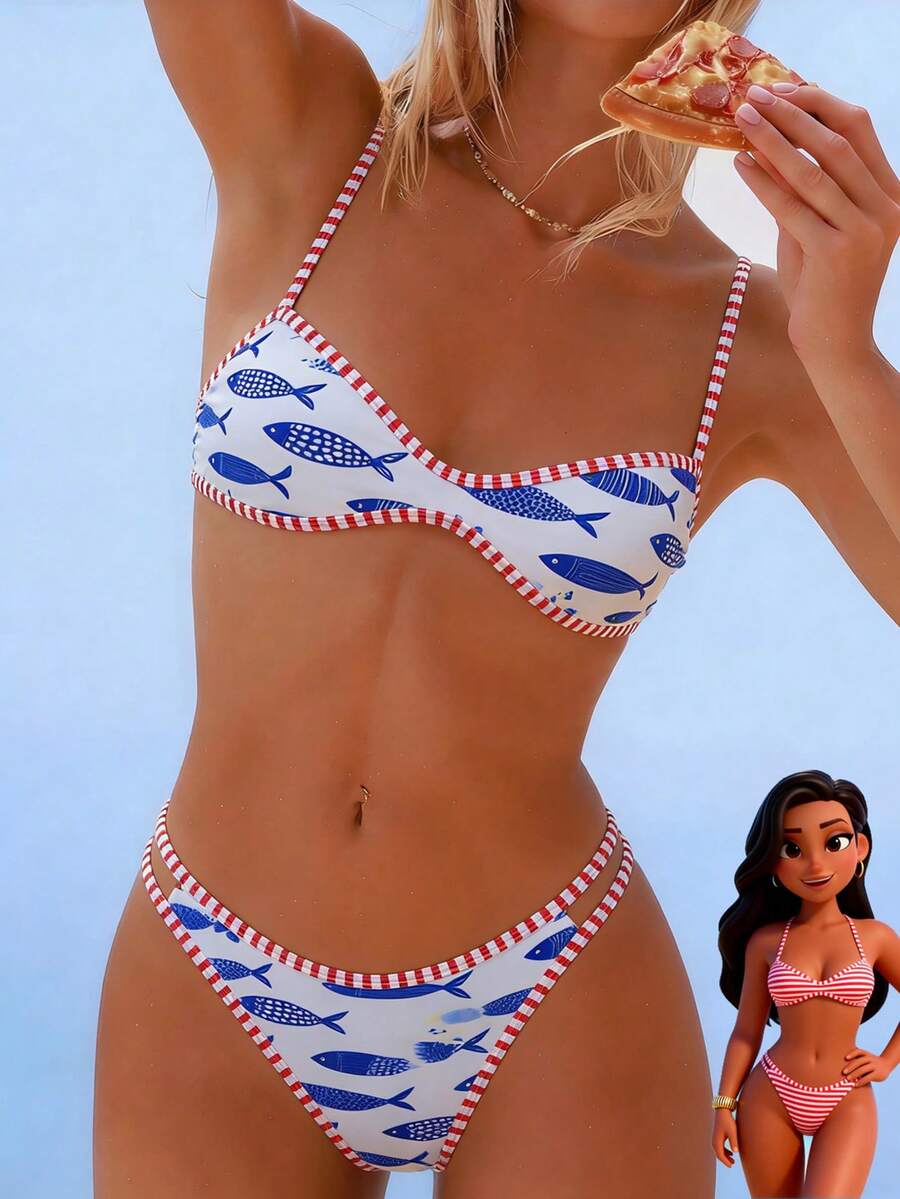 Swim Mod Bộ 2 món gồm áo bikini hai mặt in họa tiết kiểu yếm và quần bikini cạp cao, đồ bơi gợi cảm, thích hợp cho mùa xuân/hè. - Nhiều màu - Xem 1