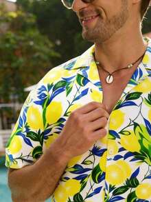 ZELFYO 男士柠檬印花前扣短袖夏季沙滩装 - 黃色 - 查看 6