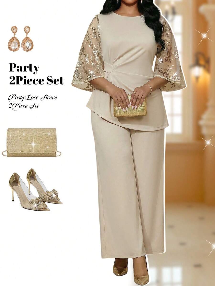 Fleurora Beige Summer Elegant Wedding Plus Size Two Piece Set For Women,Sequin Embroidery Mesh Patchwork Top And Pants 2 Pieces Set,Mother Of The Bride Suit - Khaki - View 1