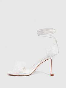 CUCCOO SZL 女士白色PU花束装饰时尚性感婚庆绑带圆头高跟凉鞋 - 白色PU - 查看 5