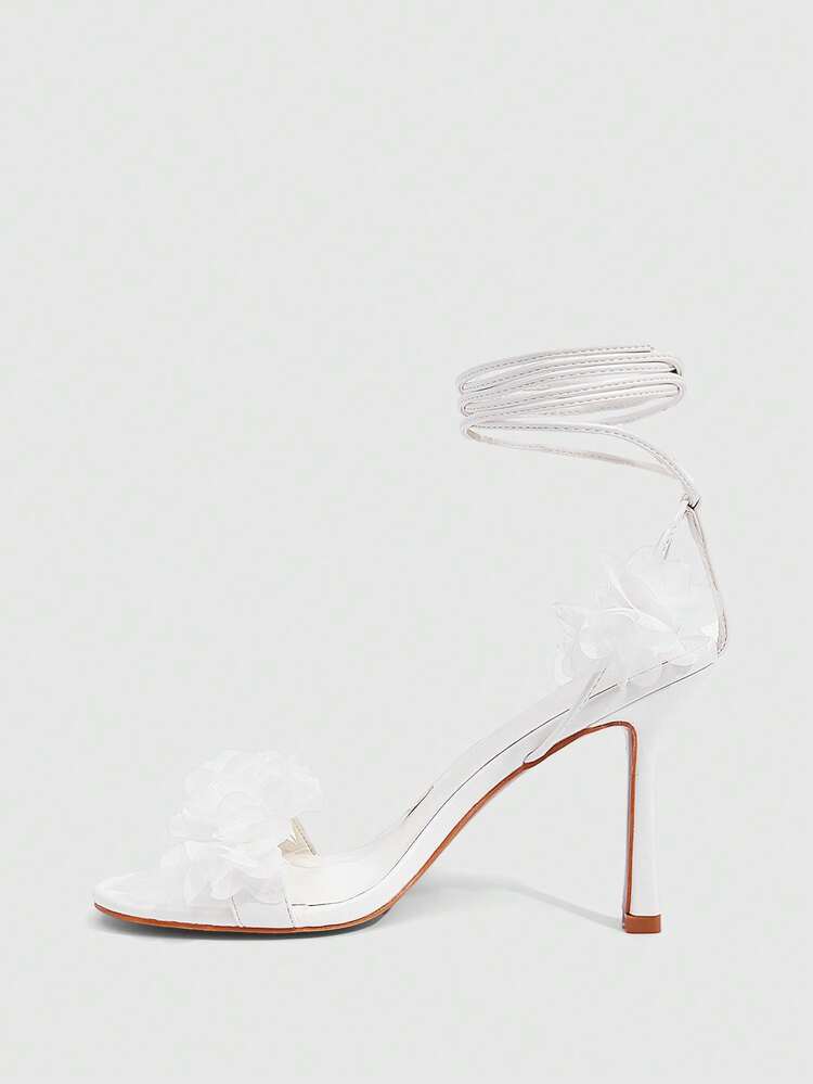 CUCCOO SZL Women Shoes White PU Bouquet Decoration Fashionable Sexy Wedding Strap Round Toe High Heel Sandals Prom Heels