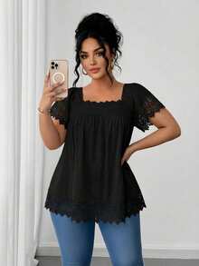 Breezaya Kích thước lớn Màu thuần Cổ vuông Viền sò Giải trí Áo sơ mi - màu đen - Xem 7