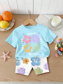 2pcs Baby Girl Casual Floral Print Short Sleeve T-Shirt And Shorts Set, Versatile For Spring/Summer - Multicolor - View 2