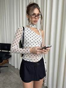 SHEIN BAE 波点印花不对称领口透视性感长袖上衣 - 白色 - 查看 5