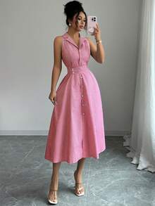 Elenzga 女士优雅休闲通勤条纹连衣裙 - 紅色 - 查看 6