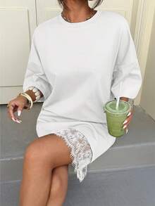 Muchica 女士夏季新款蕾丝拼接宽松短袖T恤迷你连衣裙 - 白色 - 查看 5