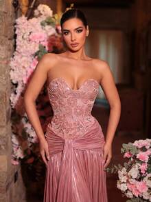 Glamrae Đầm dạ hội dáng chữ A, thanh lịch, lãng mạn, đính cườm, thêu họa tiết satin, phối nhiều lớp, xếp nếp, có gọng nâng ngực, chất liệu satin. Thích hợp cho dự tiệc trang trọng hoặc dự đám cưới. - Hồng - Xem 3