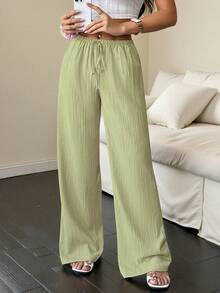 Women's Solid Color Wide-Leg Pants With Pockets And A Tie At The Waist - Limelight Green - View 3
