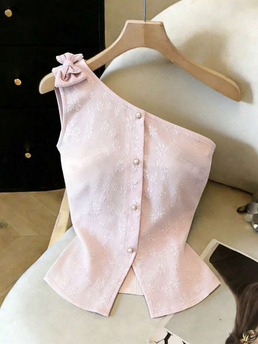 Elenzga 新款优雅甜美粉色花卉纹理提花设计不对称肩部修身休闲女式衬衫，适合日常穿着和约会。 - 粉色 - 查看 1