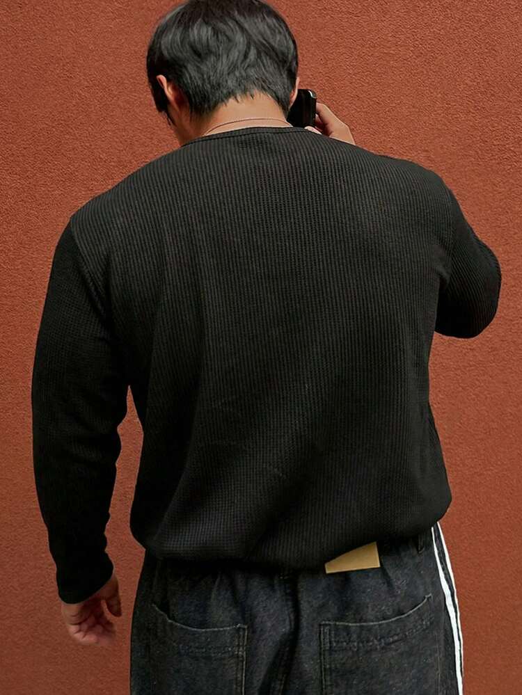 Men's Plus Size Ribbed Long Sleeve Half-Zip T-Shirt, Spring/Summer