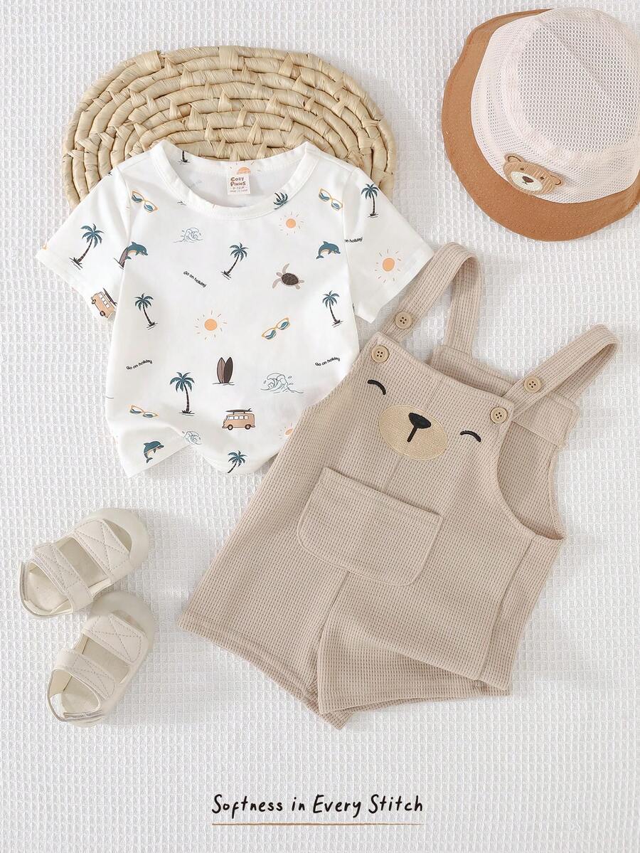 Cozy Pixies Bộ đồ 2 món cho bé trai họa tiết gấu hoạt hình, chất liệu mềm mại, cổ tròn, tay dài, áo len chui đầu và quần yếm. - Nhiều màu - Xem 1