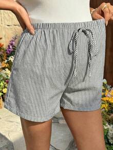 SHEIN Maternity Casual Striped Drawstring Shorts - Black and White - View 6