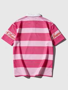 ROMWE MEN 2026 Men's Casual Short Sleeve Polo Collar T-Shirt, College Style Printed Striped Top - Multicolor - View 2