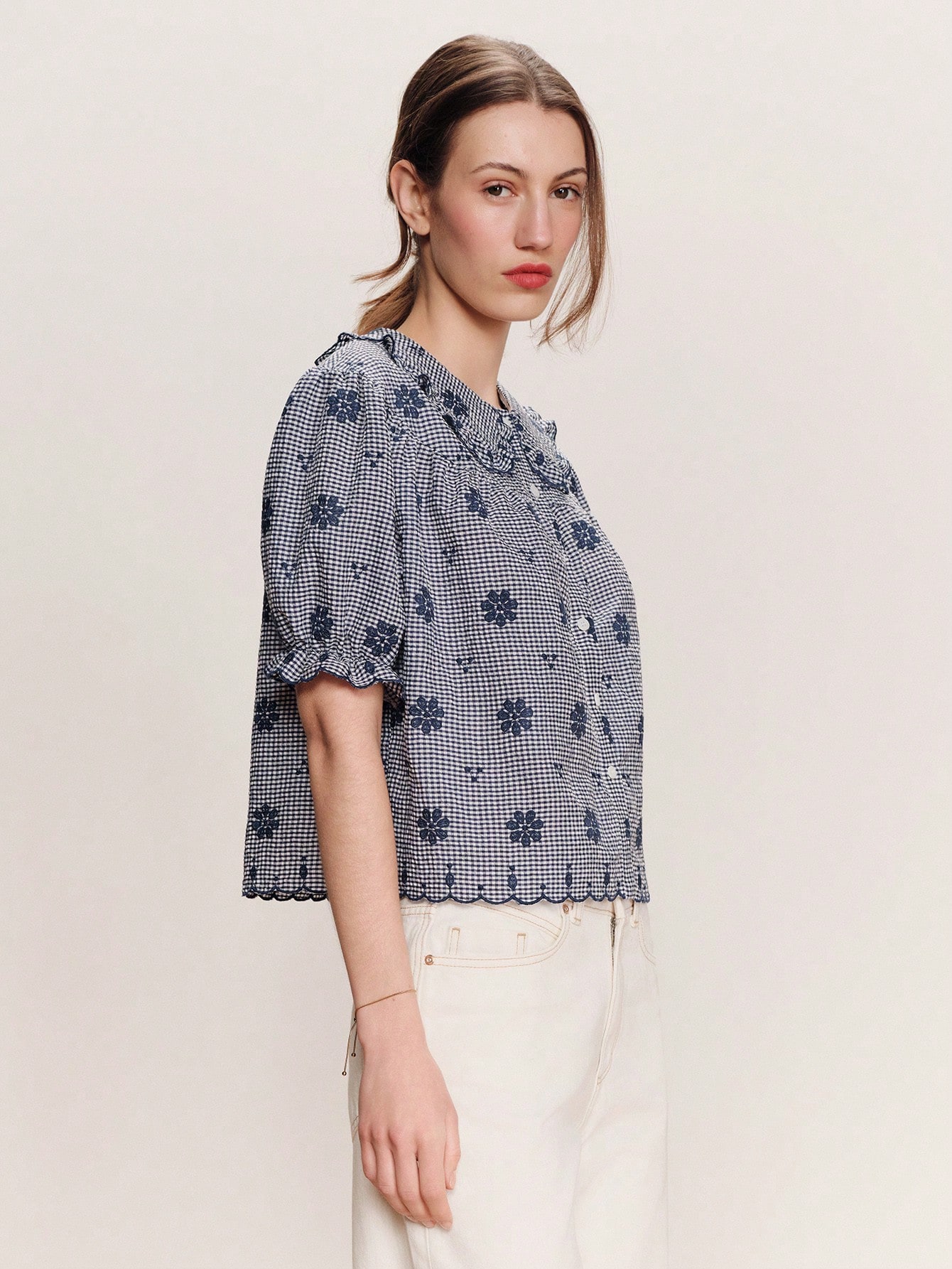 Blue Floral Embroidered Oversized Blouse With Scallops Edges French Style Vintage Top Spring Blouse Casual Cute Top Elegant Top Vacation Top Office Top Spring Summer French Style Parisian Style Blouse For Women Casual