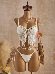 Swim SXY 女士象牙色蕾丝亮片细肩带系带性感度假风比基尼两件套泳衣，夏季 - 白色 - 查看 3