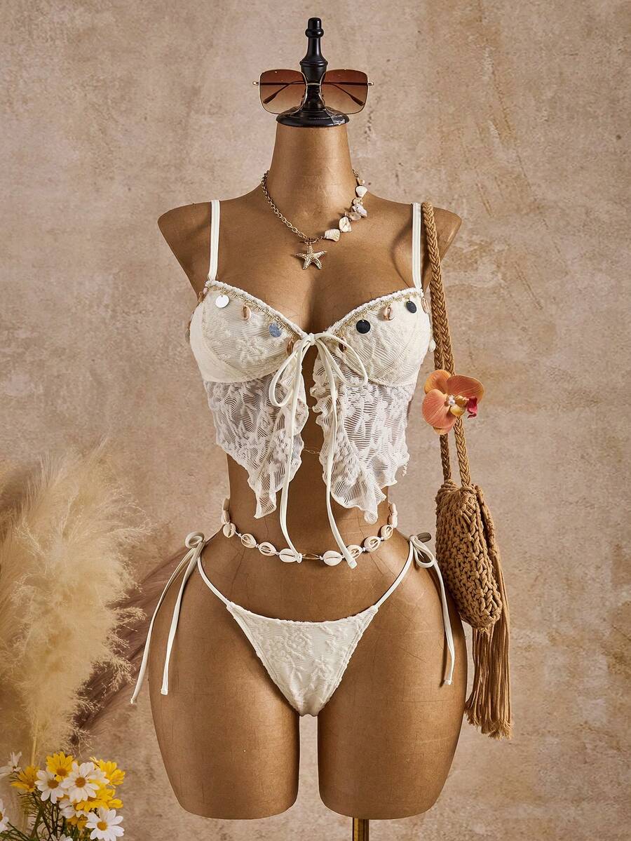 Swim SXY Women's Ivory Lace & Sequin Spaghetti Strap Tie-Up Sexy Vacation Style Bikini 2 Pieces Swimwear, Summer - White - View 1