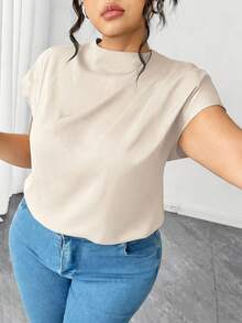 Elenzga Plus Size Women's Elegant Black Poplin Solid Color Shirt, Spring/Summer - Apricot - View 3