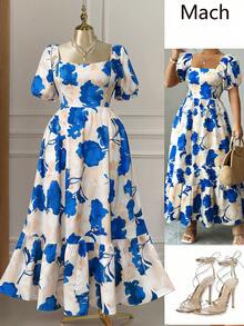 Rometta Plus Size Women's Elegant Floral Print Square Neck Puff Sleeve Backless Cinched Waist Maxi Dress, Vacation Style - Royal Blue - View 1