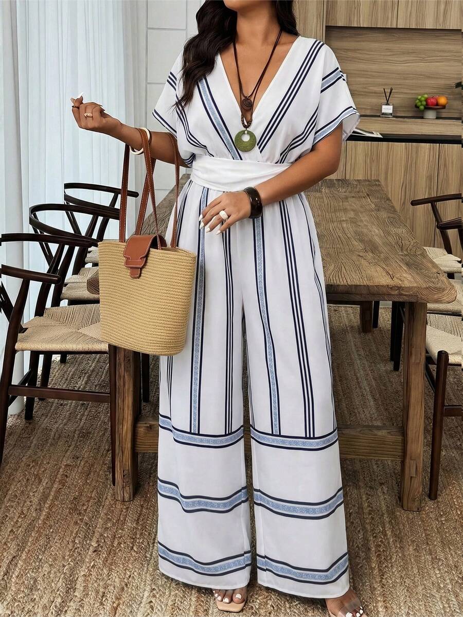 SHEIN LUNE Plus Size Women's V-Neck Crossover Waist Colorblock Geometric Striped Print Loose Casual Jumpsuit, Suitable For Spring/Summer - Blue and White - View 1