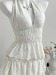 Elamini Women's Halter Neck Tie Knit Textured Top And Mini Frill Trim Skirt 2-Piece Set - Apricot - View 7