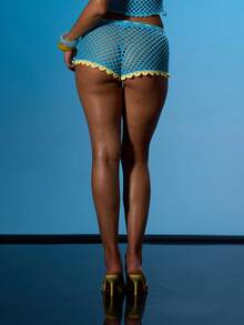 MUSERA 钩针编织撞色滚边下装，夏季性感外出海滩度假伊比沙岛俱乐部热带风情 - 藍色 - 查看 5