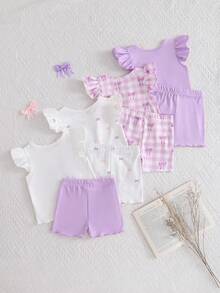 SHEIN 8件套女婴0-3岁春夏休闲日常穿着及外出可爱芭蕾舞女童无袖T恤和短裤套装 - 淡紫色 - 查看 2