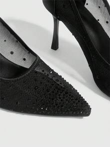 CUCCOO SZL Zapatos de tacón alto de stiletto para fiesta y cena con punta de cristal/strass y malla con acabado dorado para mujer - Negro HS - Ver 5