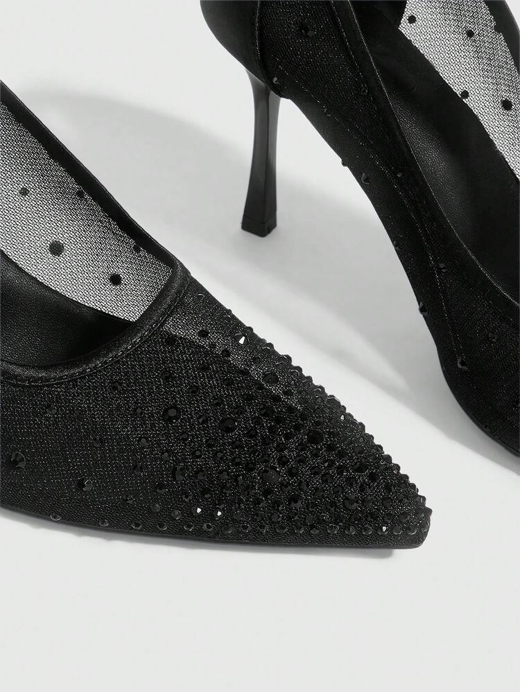 CUCCOO SZL Women's Fashion Pointed Crystal/Rhinestone Gold Powder Mesh Stitching Party Dinner Stiletto High Heels Shoes
