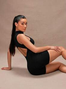 Lumalex 女式纯色无袖立领夏季运动连体裤 - 黑色 - 查看 9