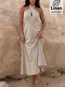 Firerie Đầm maxi nữ mùa Xuân/Hè mới, thanh lịch, giản dị, tối giản, thích hợp đi làm và đi nghỉ mát, chất liệu giả vải lanh pha tre, cổ yếm, thắt eo, dáng chữ A, hở lưng, tôn dáng, thích hợp cho kỳ nghỉ, đi biển, hoạt động ngoài trời, trang phục đi biển. - Màu Xám nhạt - Xem 2