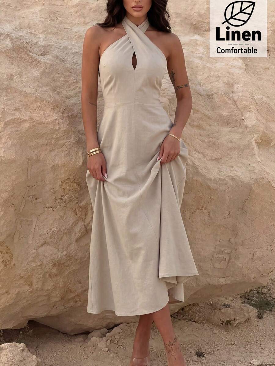 Firerie 新款春夏女士优雅休闲简约通勤度假连衣裙，亚麻竹纤维质感，露背吊带收腰A字修身长裙，休闲度假、海滩、户外日常穿着，沙滩裙套装 - 淺灰色 - 查看 1