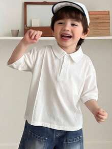 Hapijoa Young Boy Solid Color Short Sleeve Casual Polo Shirt Summer - White - View 3